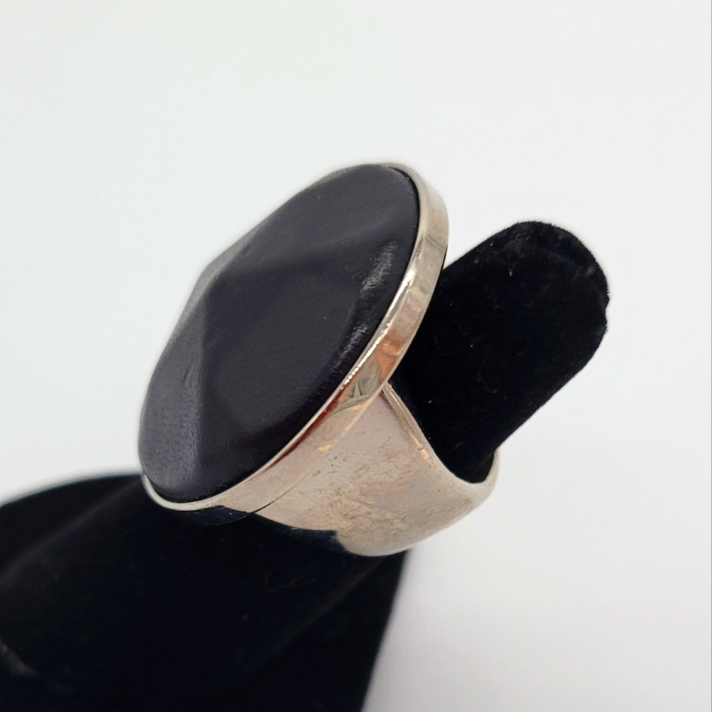 Vita Fede 24k White Gold-Plated with Black Leather Ring New
